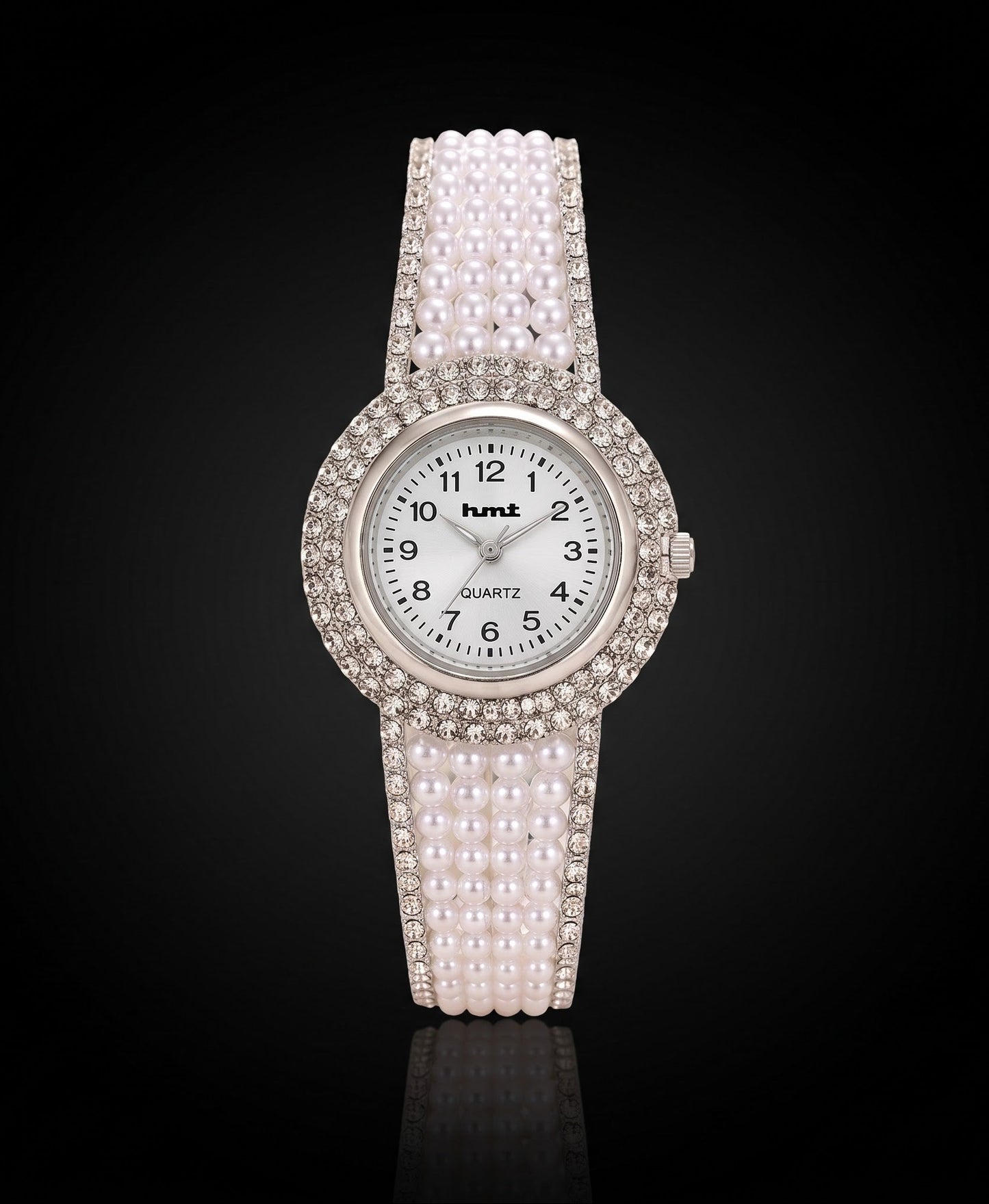Luxury Silver Pearl & Diamond-Cut Crystal Studded Bracelet Watch for Women