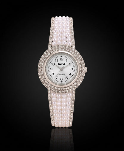 Luxury Silver Pearl & Diamond-Cut Crystal Studded Bracelet Watch for Women