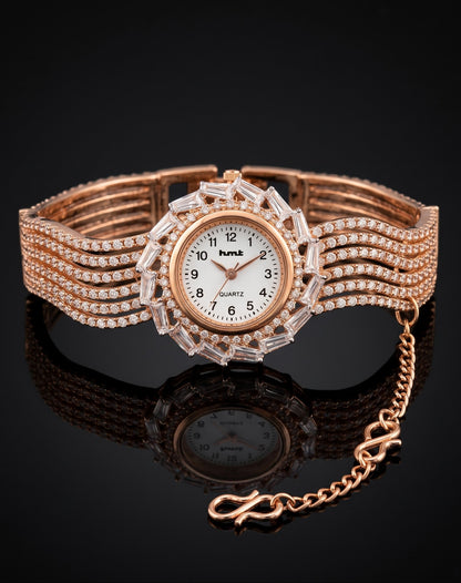 Rose Gold Crystal-Embellished Luxury Bracelet Watch