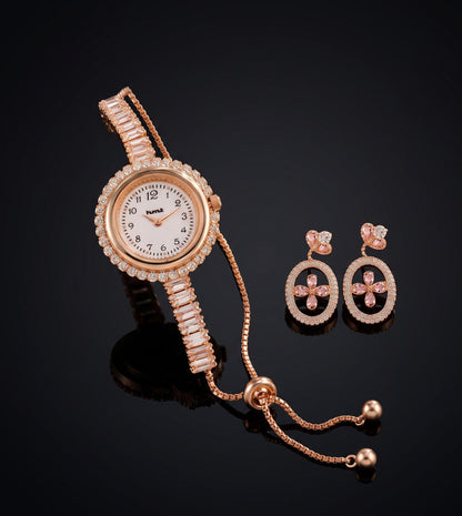 Aura Rose Gold Crystal Adjustable Bracelet Watch & Stone Studded Earring Combo Set