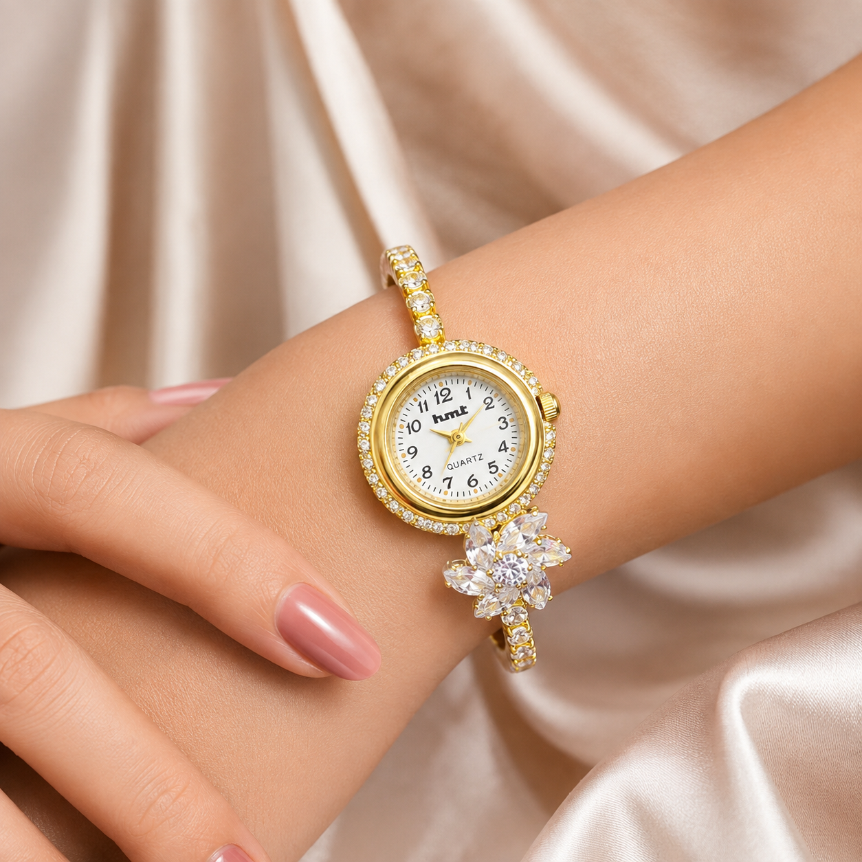 Elegant HMT Floral Gold-Plated Anti-tarnish Bracelet Watch