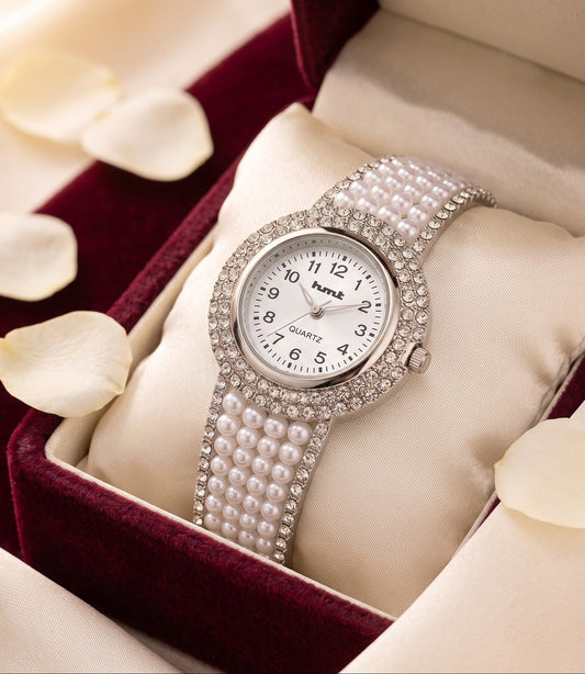 Luxury Silver Pearl & Diamond-Cut Crystal Studded Bracelet Watch for Women