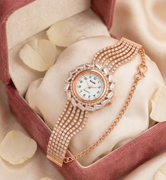 Rose Gold Crystal-Embellished Luxury Bracelet Watch
