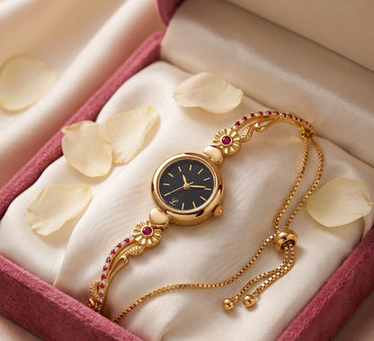 Gold Tone Plated White Dial Floral Bracelet Watch For Women