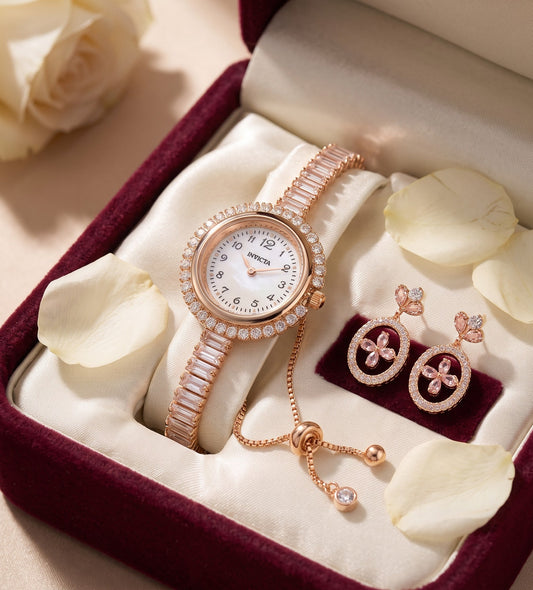 Aura Rose Gold Crystal Adjustable Bracelet Watch & Stone Studded Earring Combo Set