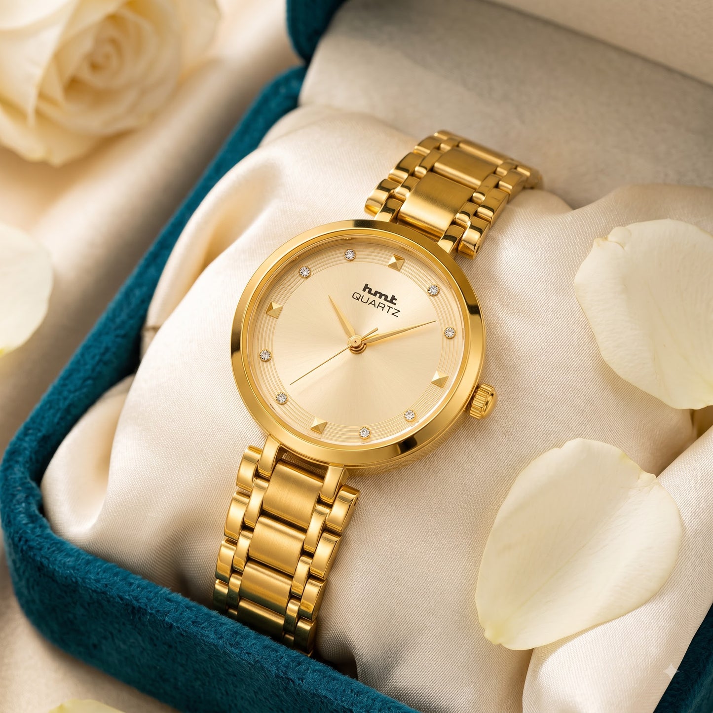 HMT Quartz Elegant Gold-Tone Women's Analog Watch with Crystal Accents