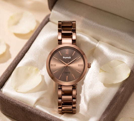 Minimalist Rose Gold Dark Tone Women's Analog Watch with Metal Link Bracelet