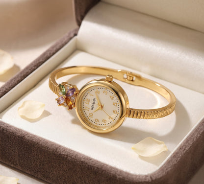 Beautiful Golden Floral And Stone Studded Bracelet Watch For Women