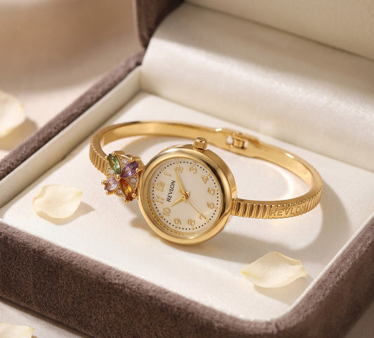 Beautiful Golden Floral And Stone Studded Bracelet Watch For Women