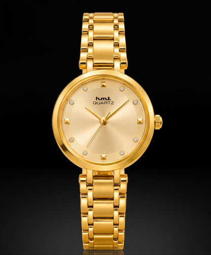HMT Quartz Elegant Gold-Tone Women's Analog Watch with Crystal Accents