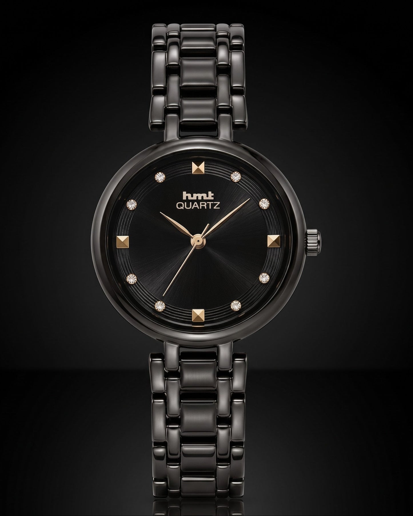 HMT Quartz Sleek All-Black Women's Analog Watch with Crystal Accents
