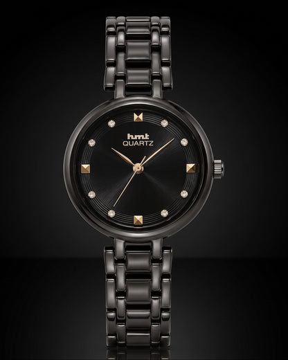 HMT Quartz Sleek All-Black Women's Analog Watch with Crystal Accents