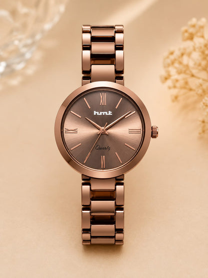 Minimalist Rose Gold Dark Tone Women's Analog Watch with Metal Link Bracelet