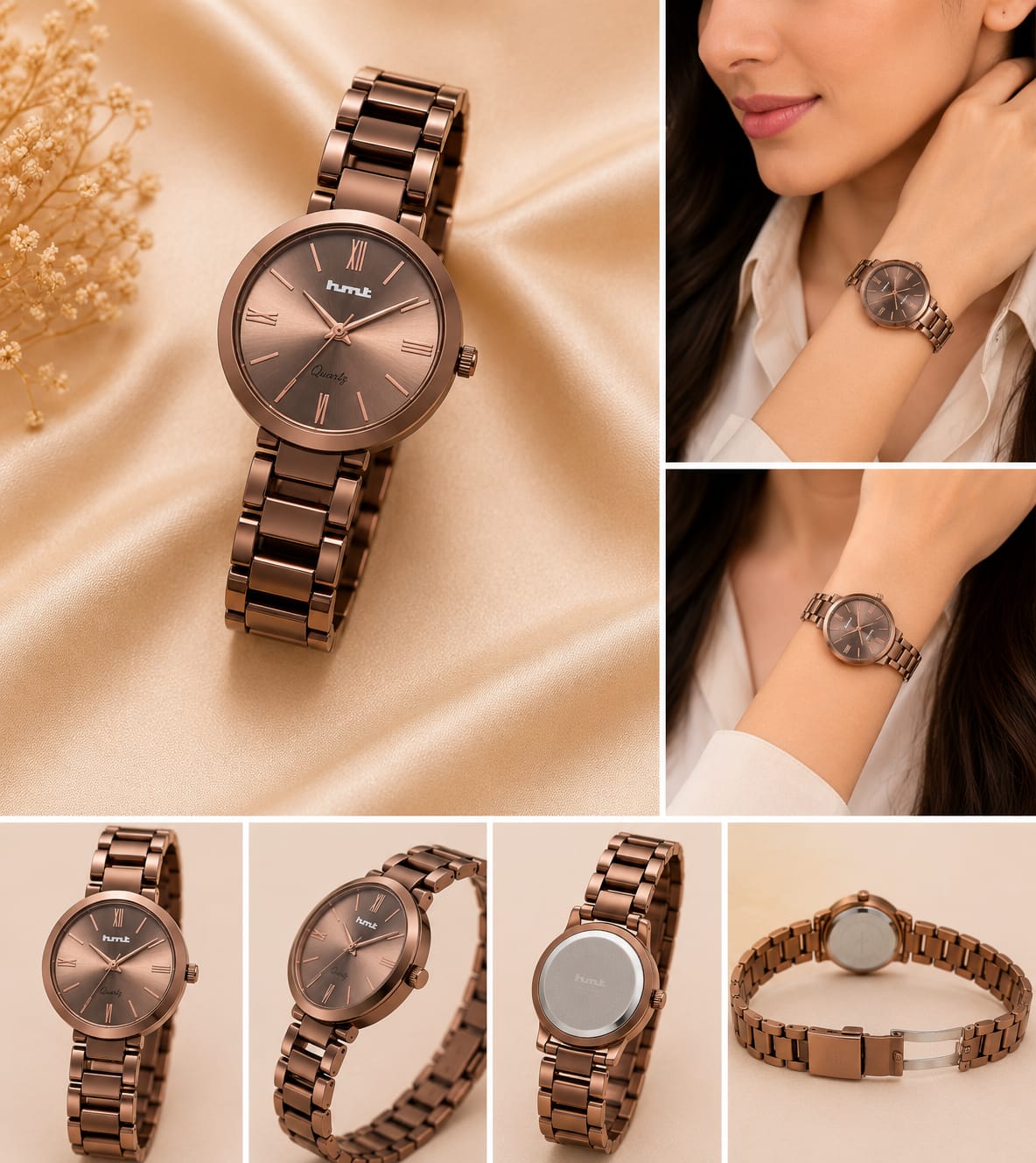 Minimalist Rose Gold Dark Tone Women's Analog Watch with Metal Link Bracelet