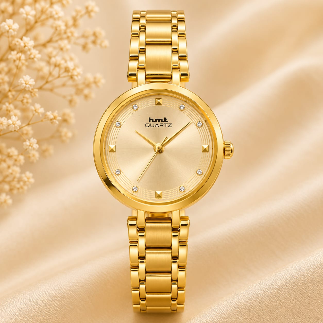 HMT Quartz Elegant Gold-Tone Women's Analog Watch with Crystal Accents