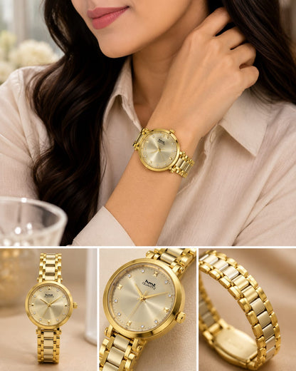 HMT Quartz Elegant Gold-Tone Women's Analog Watch with Crystal Accents