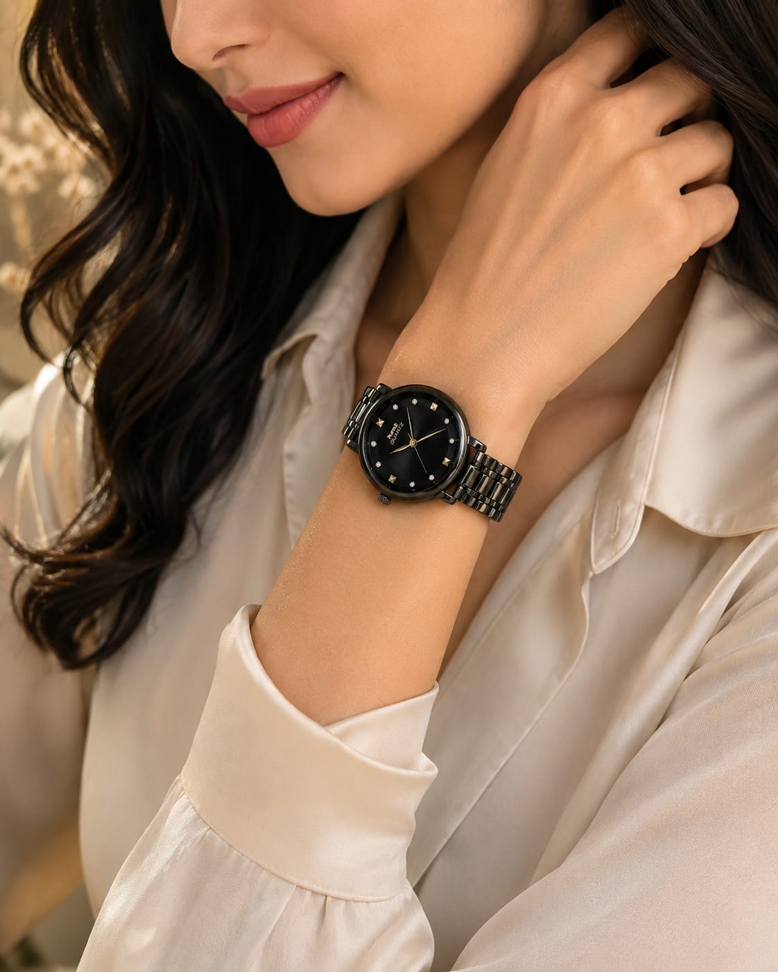 HMT Quartz Sleek All-Black Women's Analog Watch with Crystal Accents