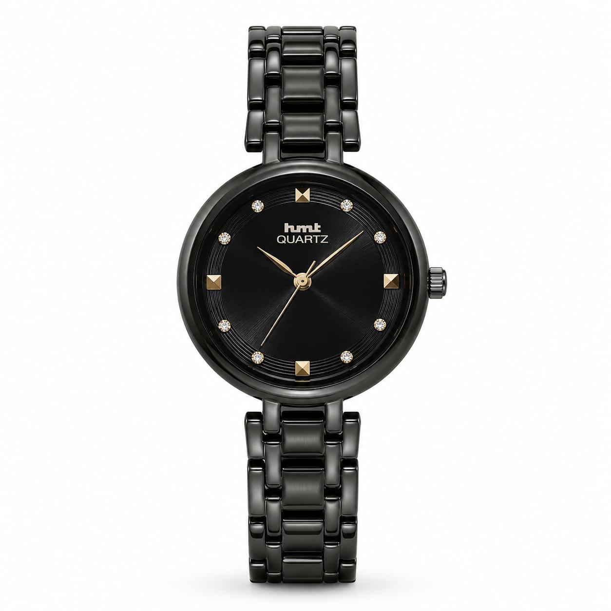 HMT Quartz Sleek All-Black Women's Analog Watch with Crystal Accents
