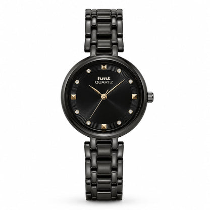 HMT Quartz Sleek All-Black Women's Analog Watch with Crystal Accents