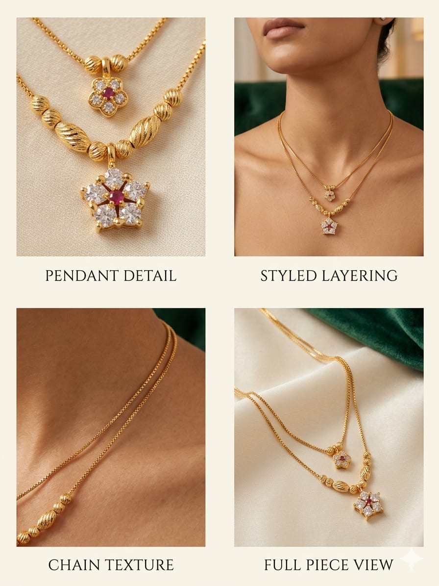 Elegant Dual-Layer Gold Plated Floral & Star Pendant Necklace Set