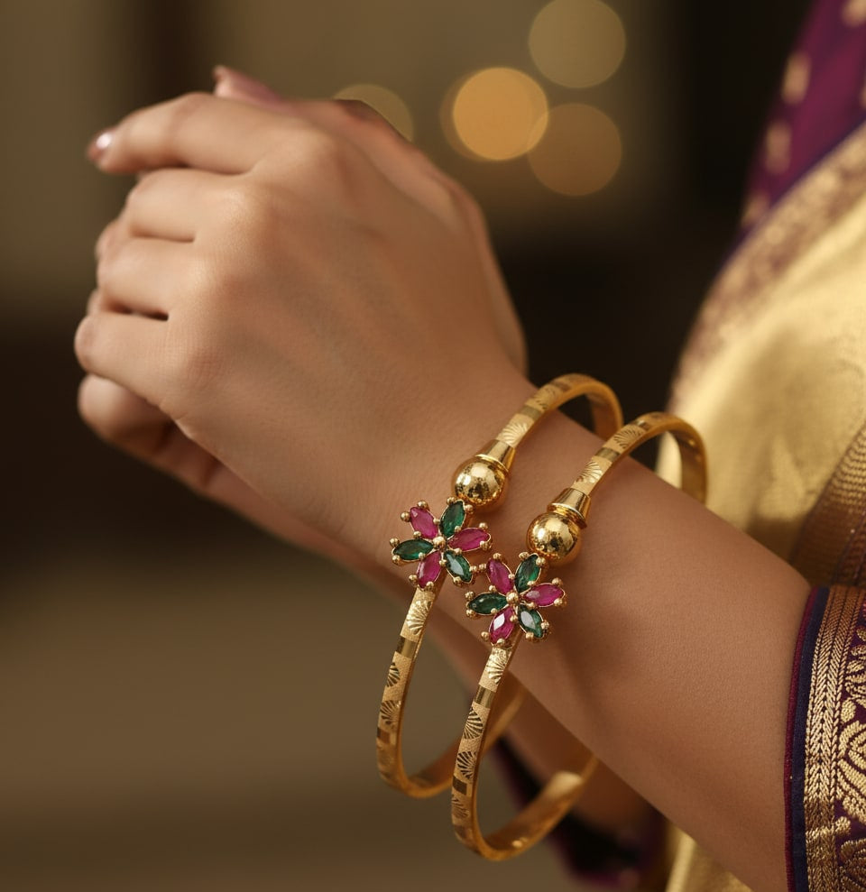 Micro Gold Plated And Diamond Studded Kempu Work Flower Adjustable Kadli Set