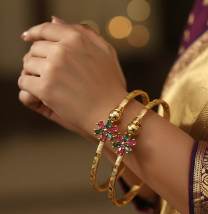 Micro Gold Plated And Diamond Studded Kempu Work Flower Adjustable Kadli Set