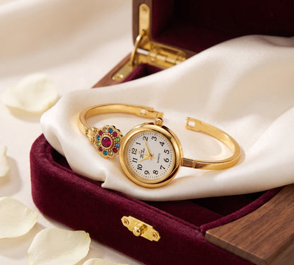 Premium Micro Gold Tone Plated Floral Bangle Watch with Elegant Color Stone Detail