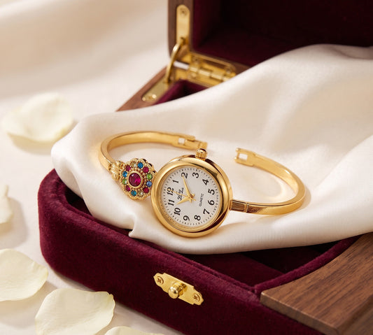 Premium Micro Gold Tone Plated Floral Bangle Watch with Elegant Color Stone Detail