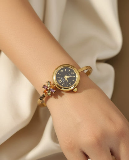 Gold Plated And Diamond Fancy Adjustable Black Flower Watch