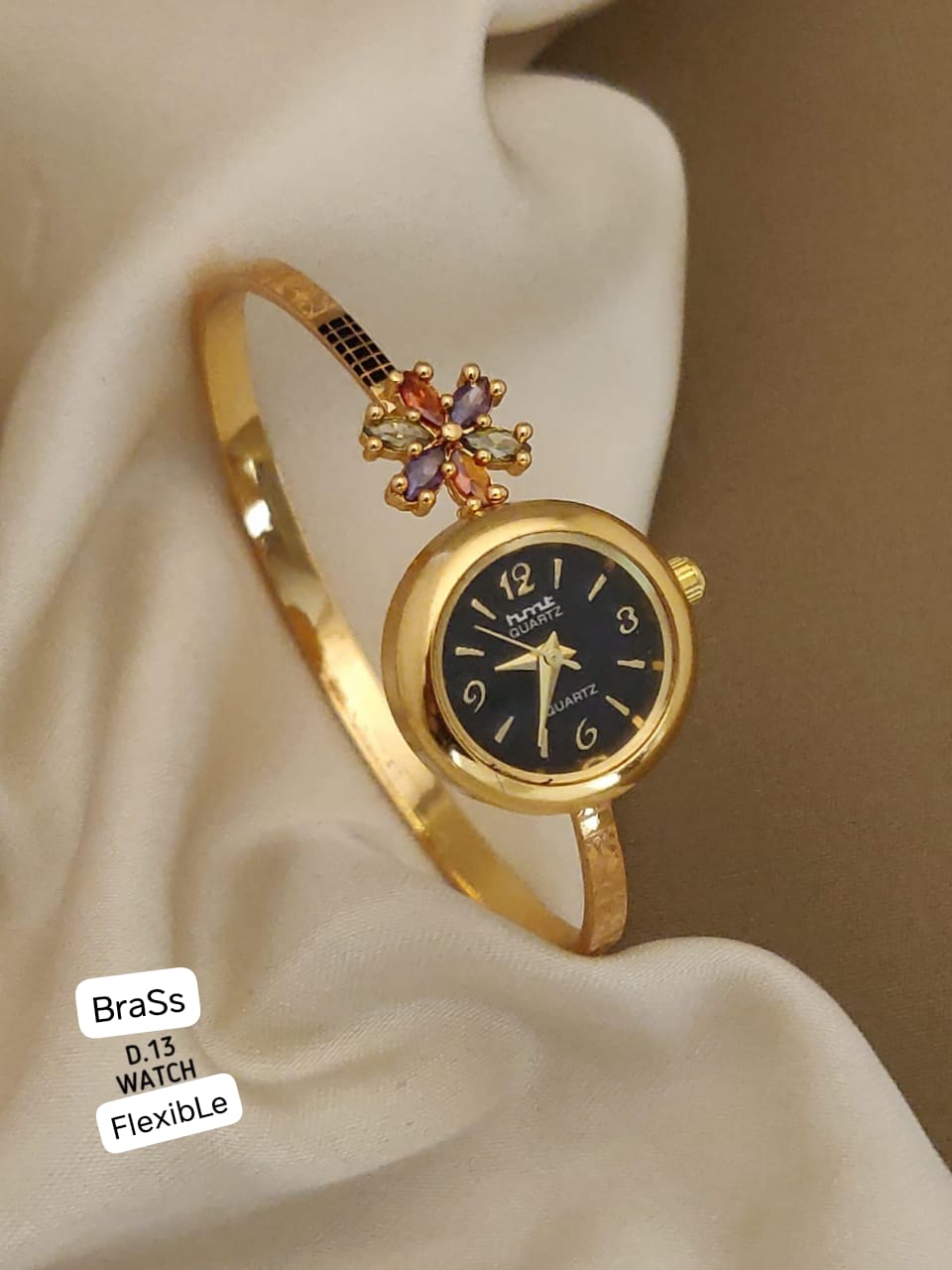 Gold Plated And Diamond Fancy Adjustable Black Flower Watch