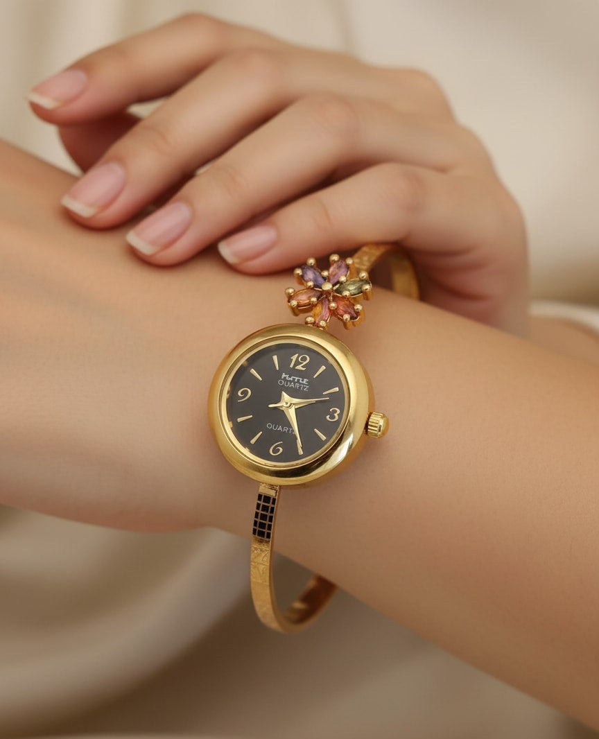 Gold Plated And Diamond Fancy Adjustable Black Flower Watch