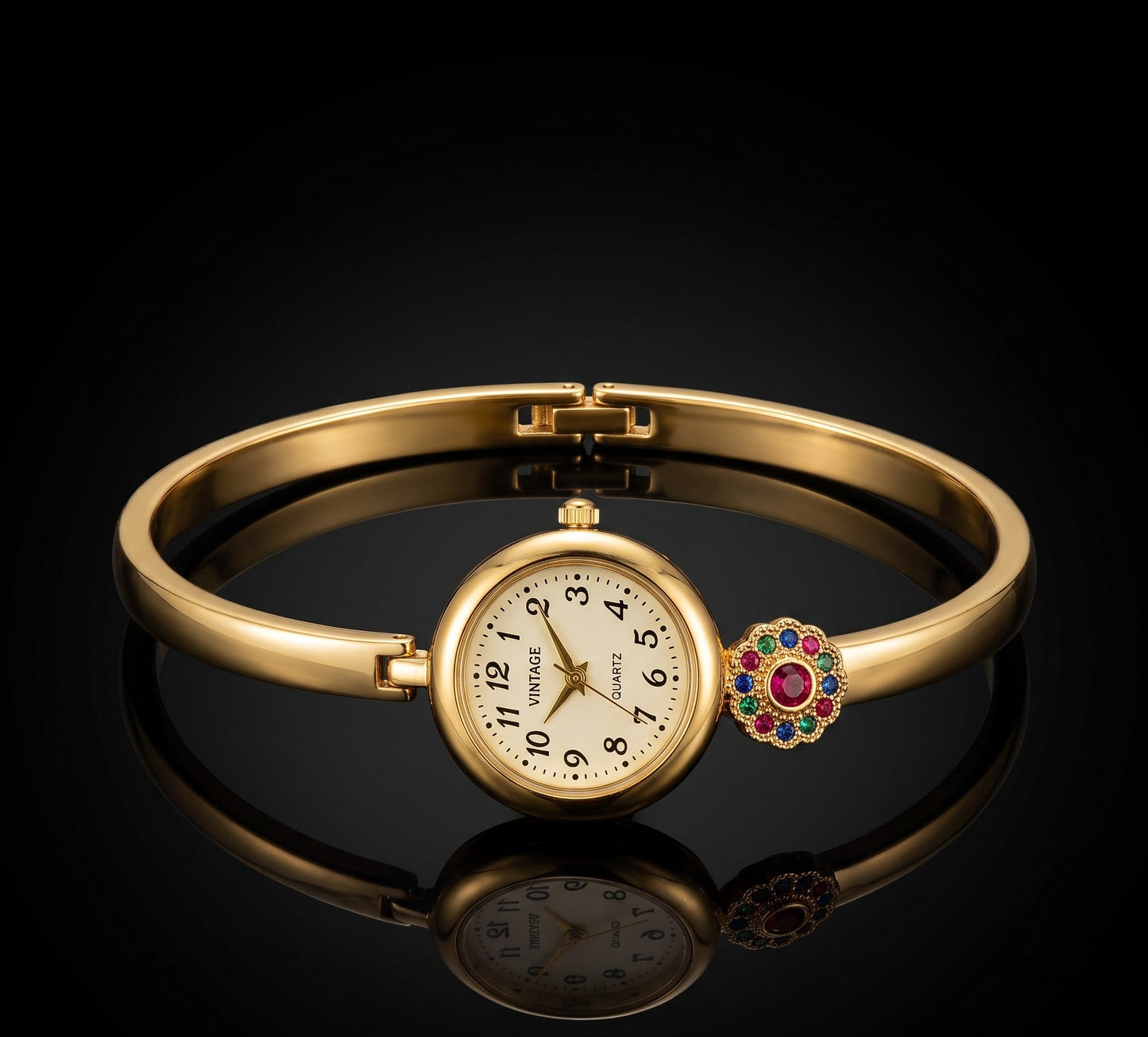 Premium Micro Gold Tone Plated Floral Bangle Watch with Elegant Color Stone Detail