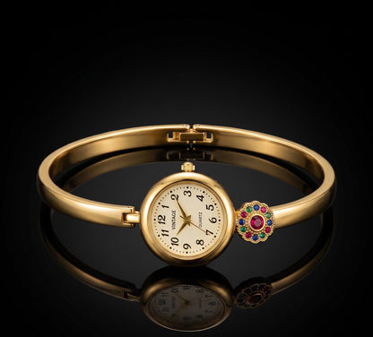 Premium Micro Gold Tone Plated Floral Bangle Watch with Elegant Color Stone Detail