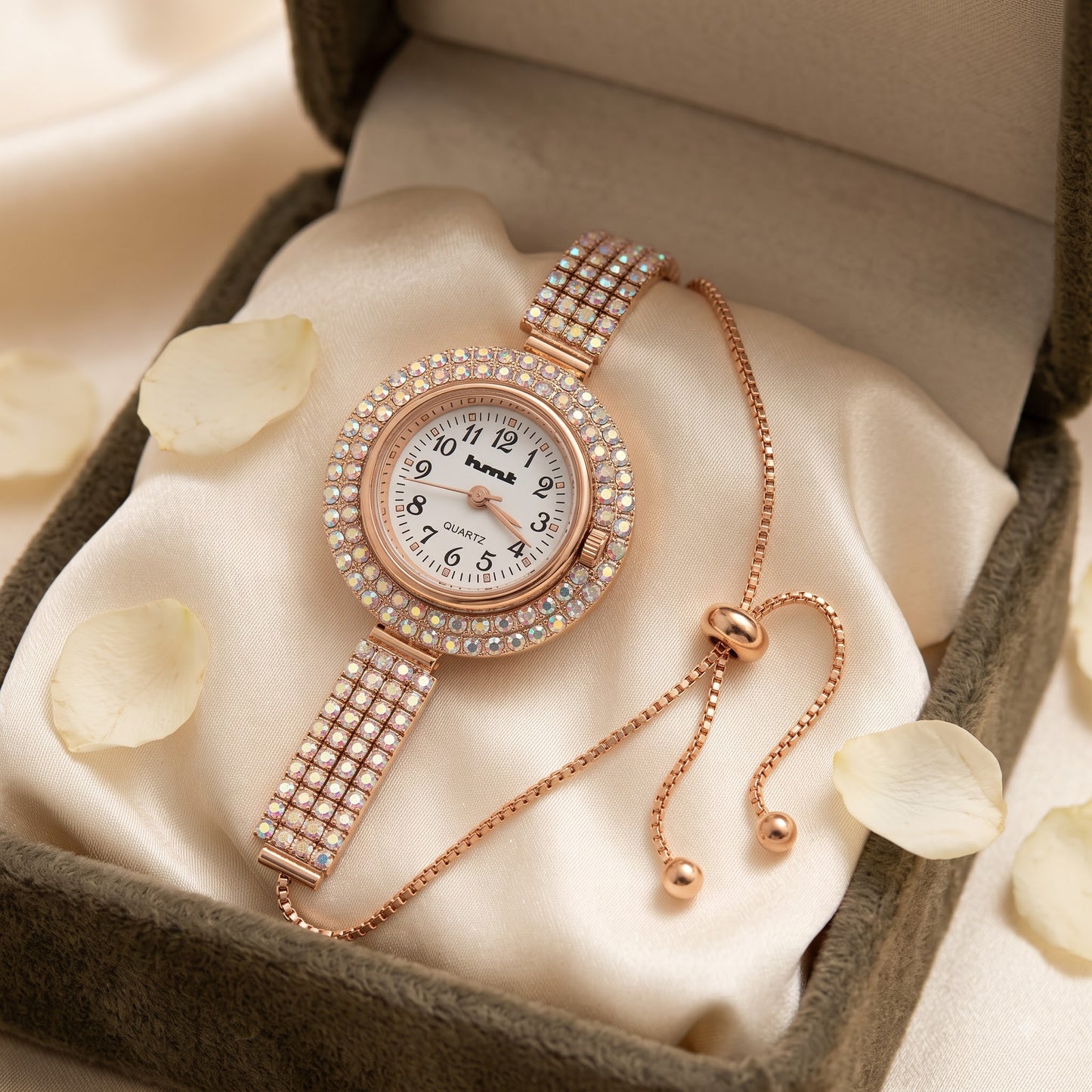 HMT Quartz Premium Rose Gold Crystal Bracelet Watch