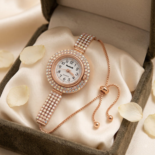 HMT Quartz Premium Rose Gold Crystal Bracelet Watch