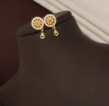 Designer High Gold Plated And Diamond Studded Antique Round Pendant Set with Earrings