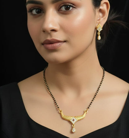 Micro Gold Plated And Diamond Studded Fancy Square Mangalsutra with Earring Set
