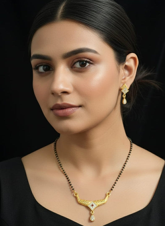 Micro Gold Plated And Diamond Studded Fancy Square Mangalsutra with Earring Set