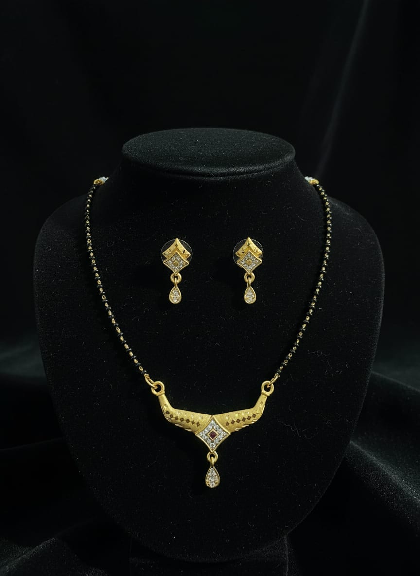 Micro Gold Plated And Diamond Studded Fancy Square Mangalsutra with Earring Set