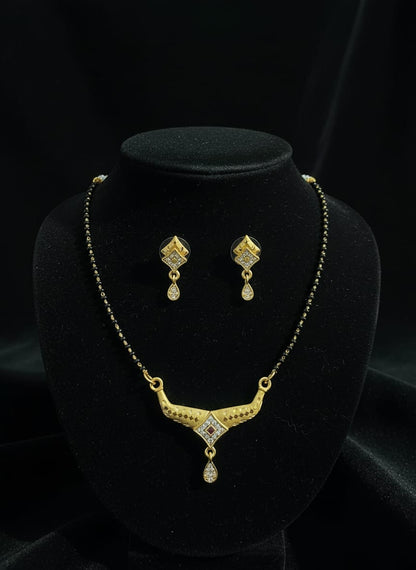 Micro Gold Plated And Diamond Studded Fancy Square Mangalsutra with Earring Set