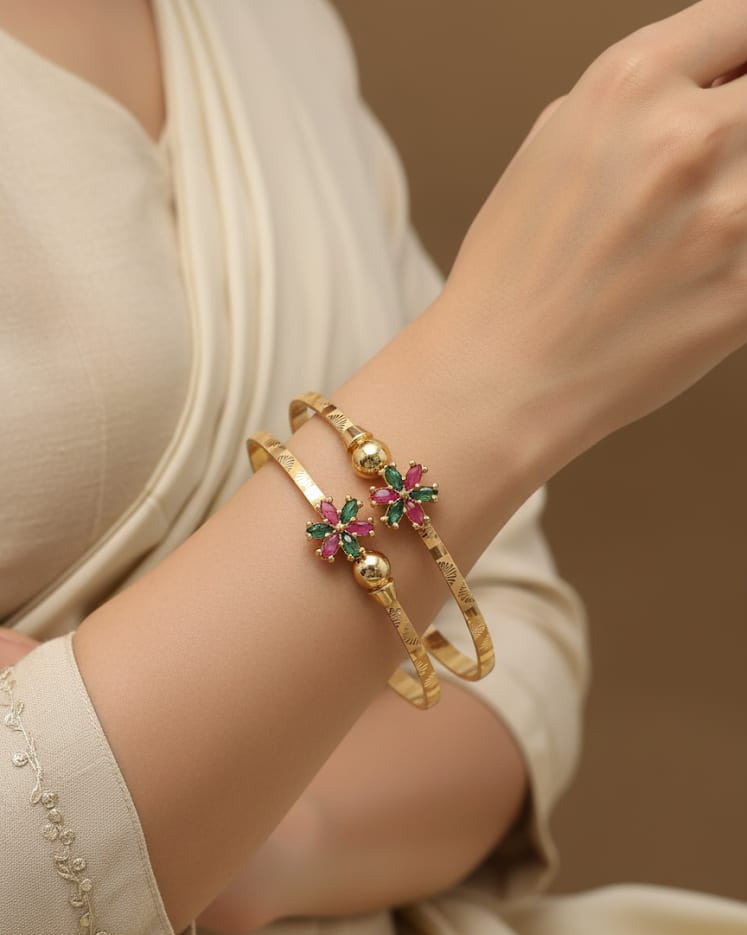 Micro Gold Plated And Diamond Studded Kempu Work Flower Adjustable Kadli Set