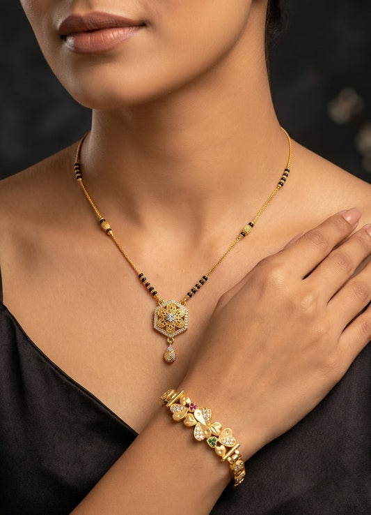 micro gold plated ad diamond designer fancy flower  mangalsutra with  bracelet