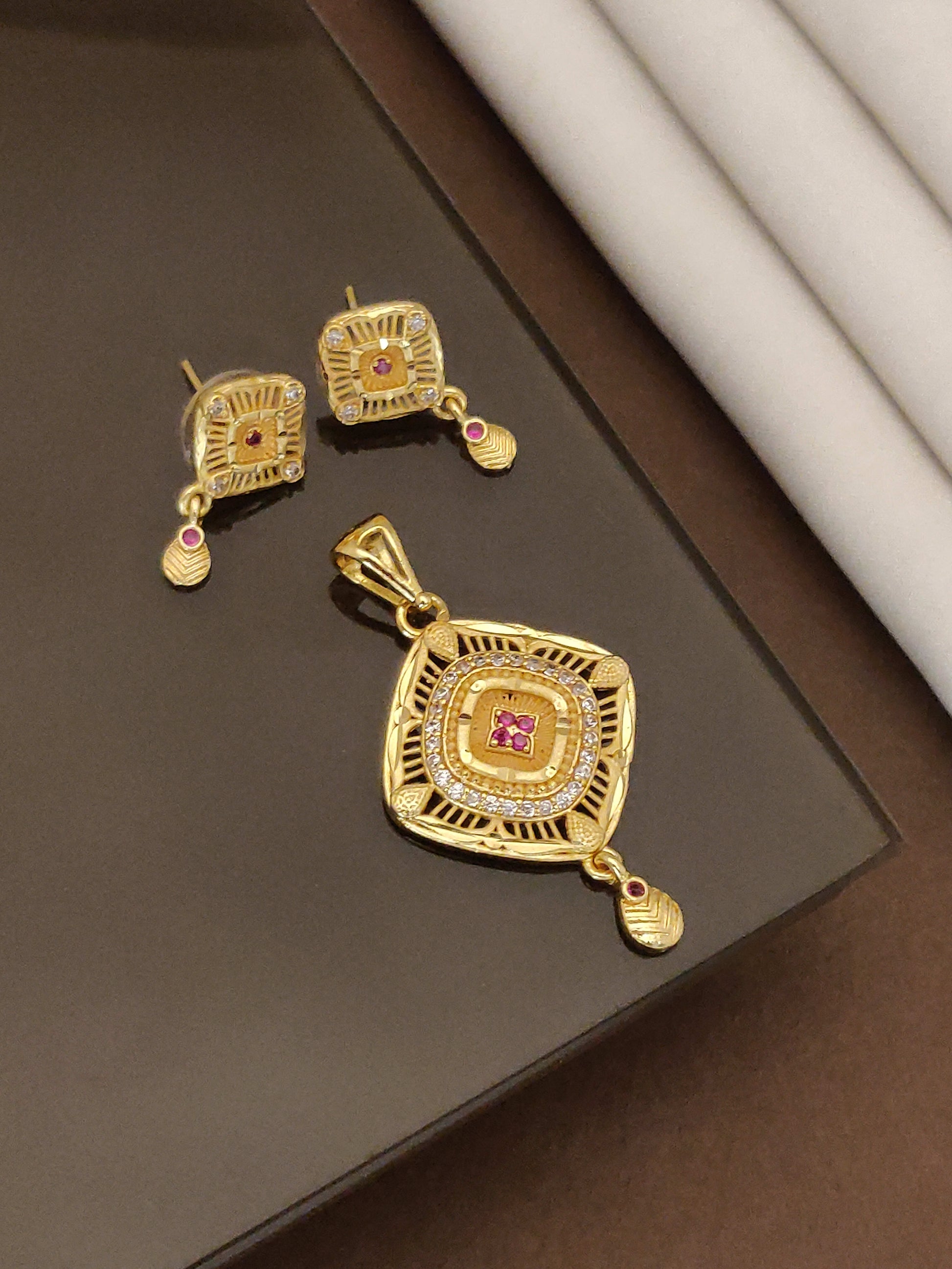 Micro Gold Plated And Diamond Studded Fancy Square Pendant Set For Women