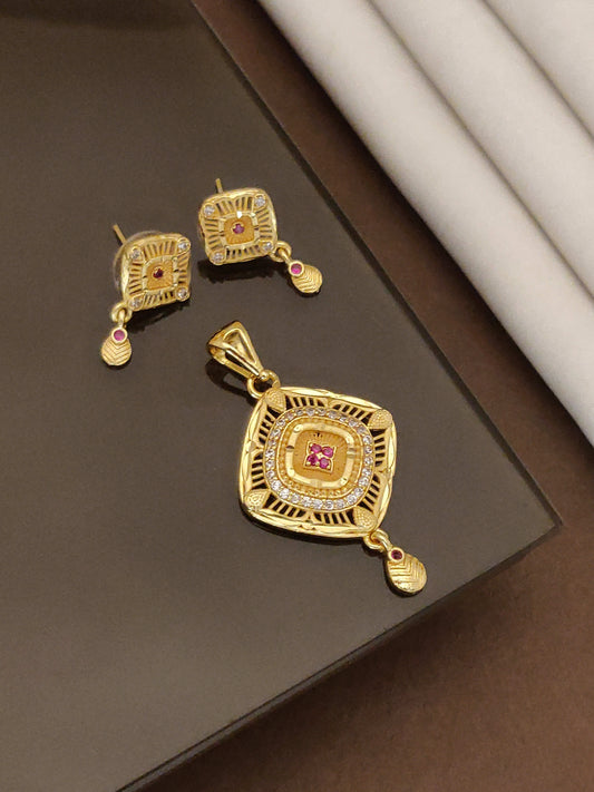 Micro Gold Plated And Diamond Studded Fancy Square Pendant Set For Women