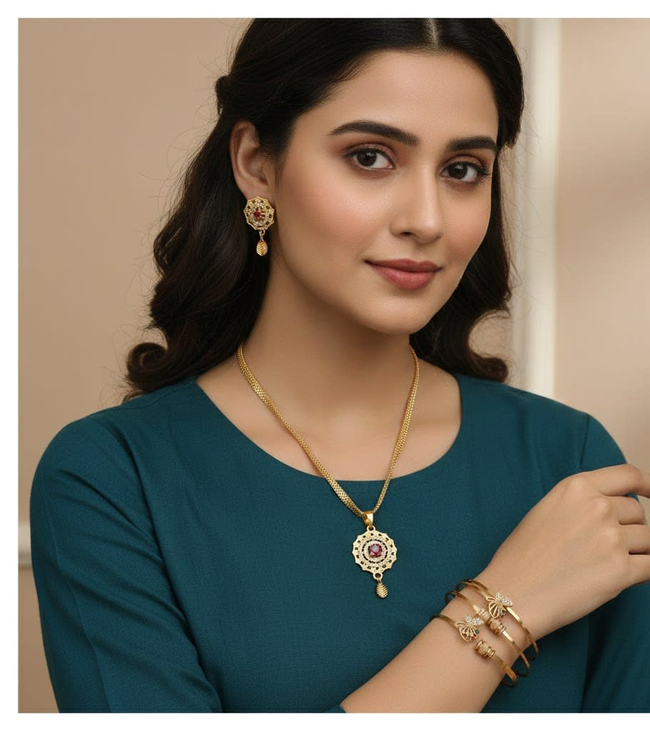 Micro Gold Plated And Diamond Studded Fancy Flower Pendant with 18 Inches Chain with Adjustable Bangle