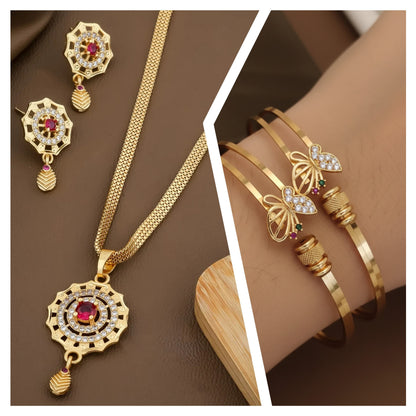 Micro Gold Plated And Diamond Studded Fancy Flower Pendant with 18 Inches Chain with Adjustable Bangle