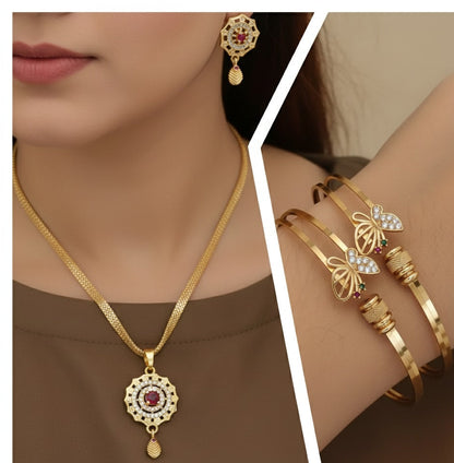 Micro Gold Plated And Diamond Studded Fancy Flower Pendant with 18 Inches Chain with Adjustable Bangle