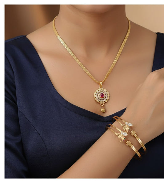 Micro Gold Plated And Diamond Studded Fancy Flower Pendant with 18 Inches Chain with Adjustable Bangle