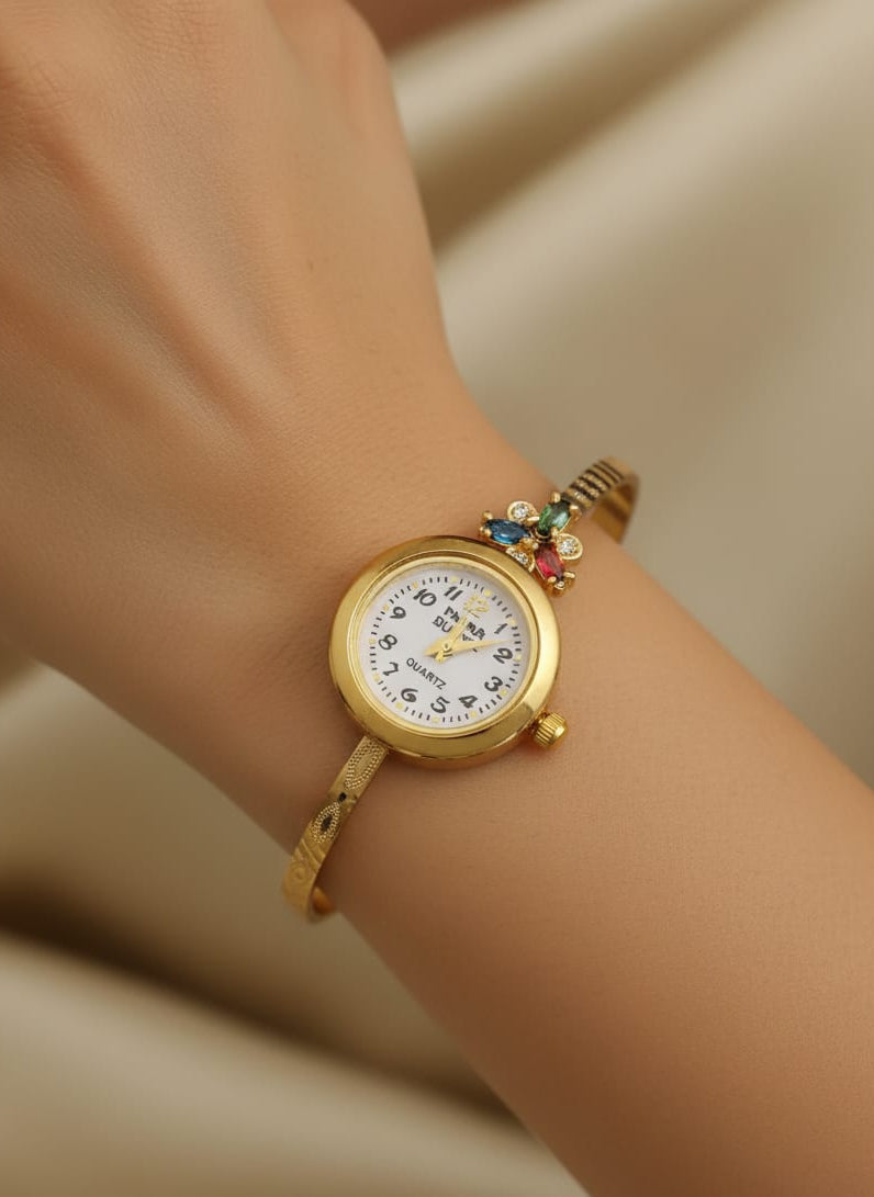 Micro Gold Plated And Diamond Flower Design Adjustable Bracelet Watch