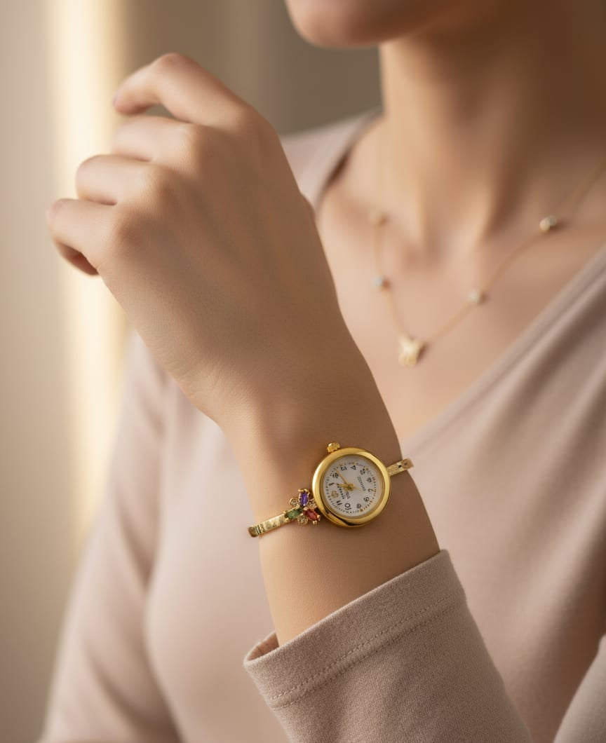 Micro Gold Plated And Diamond Flower Design Adjustable Bracelet Watch